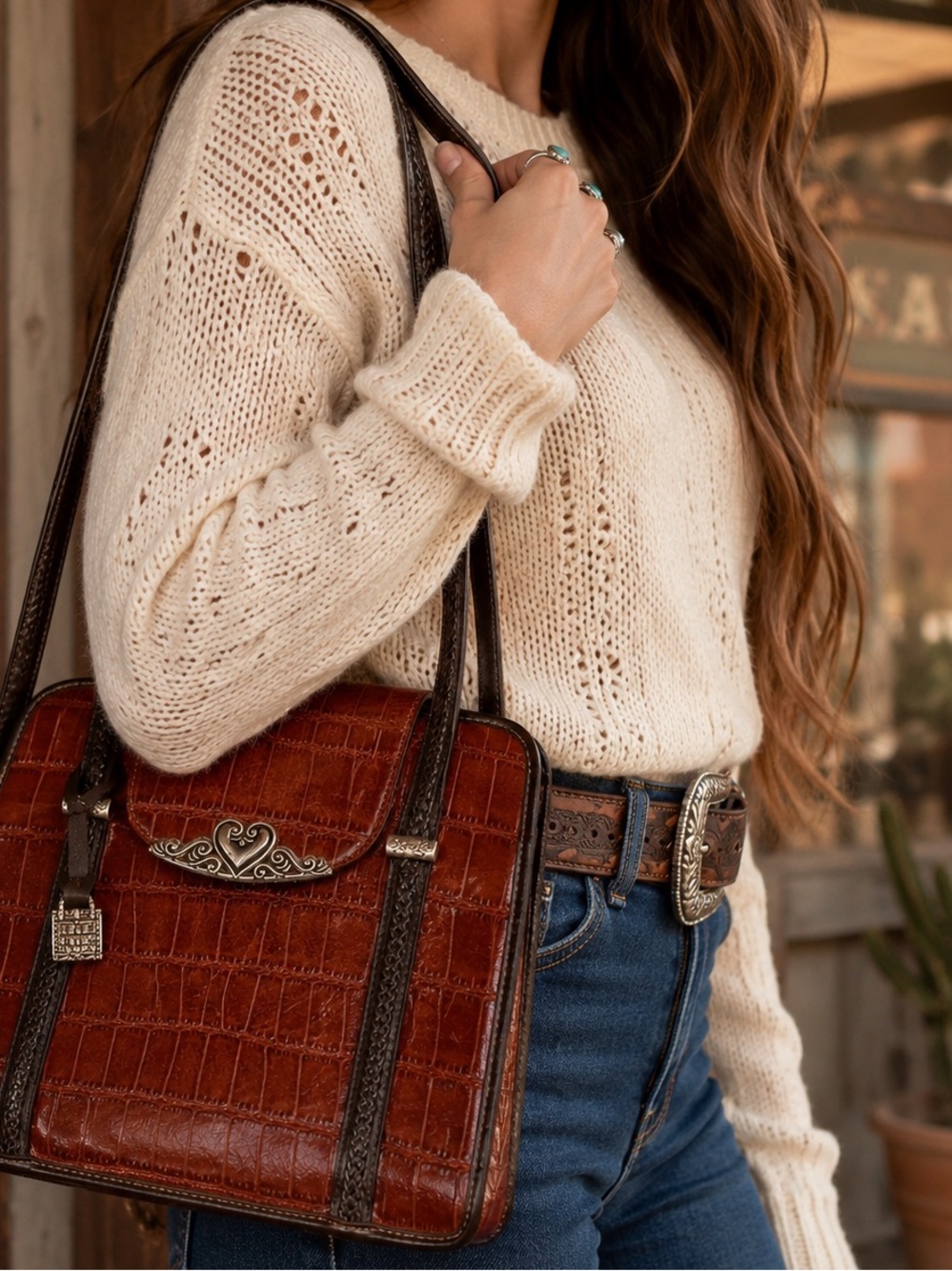 MC Marc Chantal Brown Croc Embossed Leather Shoulder Bag Western Boho Purse